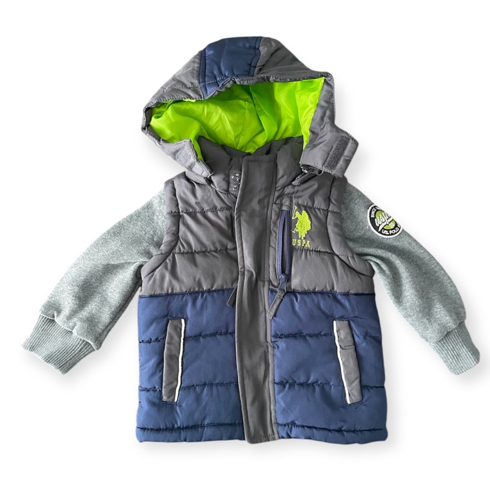 Toddler Boy’s Puffer Jacket Grey Blue Colorblock size 2T
